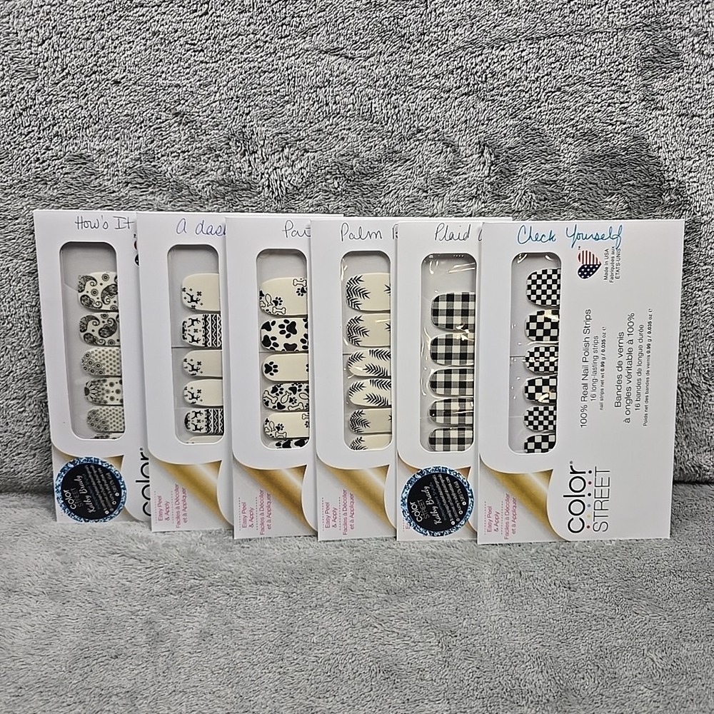 Lot Of 6 Color Street Real Nail Polish Strips White‎ Black Graphic Checker Paws